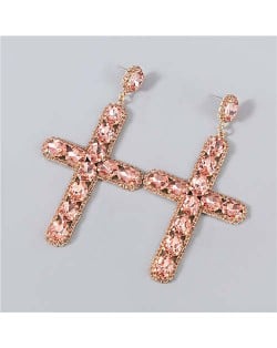 Rhinestone Embellished Cross Pendant Design High Fashion Women Wholesale Statement Earrings - Pink