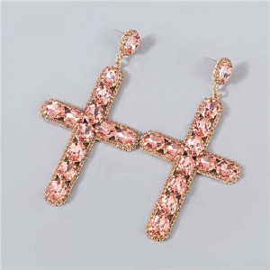 Rhinestone Embellished Cross Pendant Design High Fashion Women Wholesale Statement Earrings - Pink