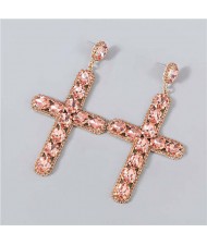 Rhinestone Embellished Cross Pendant Design High Fashion Women Wholesale Statement Earrings - Pink
