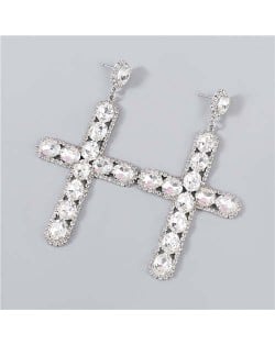 Rhinestone Embellished Cross Pendant Design High Fashion Women Wholesale Statement Earrings - Silver