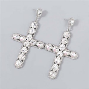Rhinestone Embellished Cross Pendant Design High Fashion Women Wholesale Statement Earrings - Silver