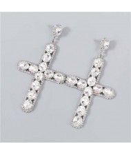 Rhinestone Embellished Cross Pendant Design High Fashion Women Wholesale Statement Earrings - Silver