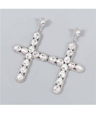 Rhinestone Embellished Cross Pendant Design High Fashion Women Wholesale Statement Earrings - Silver