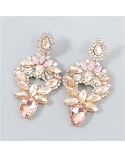 Heart Shape Hollow-out Floral Rhinestone Inlaid Elegant Design Boutique Fashion Women Earrings - Pink