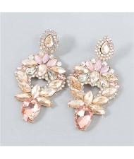 Heart Shape Hollow-out Floral Rhinestone Inlaid Elegant Design Boutique Fashion Women Earrings - Pink