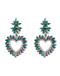 Shining Heart Shape Rhinestone Floral Embellished Bohemian Vintage Dangle Costume Wholesale Earrings - Green