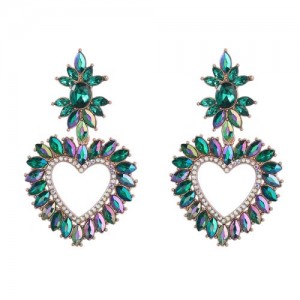 Shining Heart Shape Rhinestone Floral Embellished Bohemian Vintage Dangle Costume Wholesale Earrings - Green