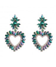 Shining Heart Shape Rhinestone Floral Embellished Bohemian Vintage Dangle Costume Wholesale Earrings - Green