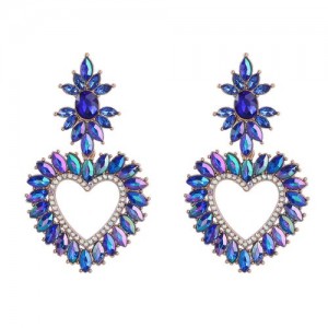Shining Heart Shape Rhinestone Floral Embellished Bohemian Vintage Dangle Costume Wholesale Earrings - Blue