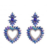 Shining Heart Shape Rhinestone Floral Embellished Bohemian Vintage Dangle Costume Wholesale Earrings - Blue