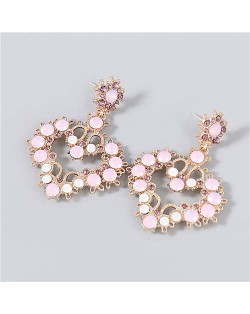 Shining Heart Shape Rhinestone Floral Embellished Bohemian Vintage Dangle Costume Wholesale Earrings - Pink