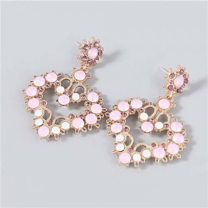 Shining Heart Shape Rhinestone Floral Embellished Bohemian Vintage Dangle Costume Wholesale Earrings - Pink