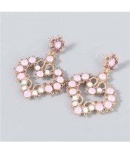 Shining Heart Shape Rhinestone Floral Embellished Bohemian Vintage Dangle Costume Wholesale Earrings - Pink
