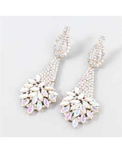 Classic Design Teardrop-shaped Floral Rhinestone Long Tassel Women Boutique Fashion Alloy Earrings - Luminous White