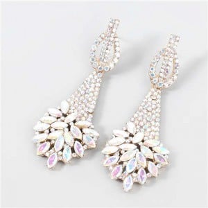 Classic Design Teardrop-shaped Floral Rhinestone Long Tassel Women Boutique Fashion Alloy Earrings - Luminous White