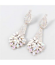 Classic Design Teardrop-shaped Floral Rhinestone Long Tassel Women Boutique Fashion Alloy Earrings - Luminous White