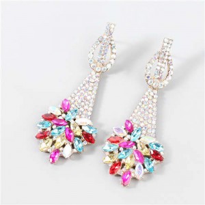 Classic Design Teardrop-shaped Floral Rhinestone Long Tassel Women Boutique Fashion Alloy Earrings - Multicolor