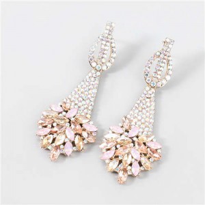 Classic Design Teardrop-shaped Floral Rhinestone Long Tassel Women Boutique Fashion Alloy Earrings - Golden