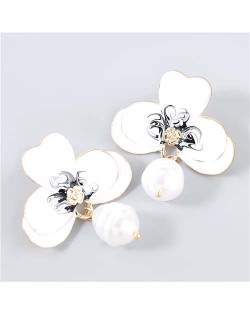 Artificial Pearl Embellished Floral Bohemian Fashion Boutique Style Women Oil-spot Glazed Earrings - White