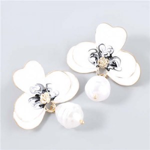Artificial Pearl Embellished Floral Bohemian Fashion Boutique Style Women Oil-spot Glazed Earrings - White