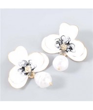 Artificial Pearl Embellished Floral Bohemian Fashion Boutique Style Women Oil-spot Glazed Earrings - White