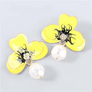 Artificial Pearl Embellished Floral Bohemian Fashion Boutique Style Women Oil-spot Glazed Earrings - Yellow