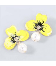Artificial Pearl Embellished Floral Bohemian Fashion Boutique Style Women Oil-spot Glazed Earrings - Yellow