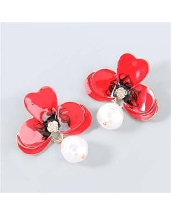 Artificial Pearl Embellished Floral Bohemian Fashion Boutique Style Women Oil-spot Glazed Earrings - Red
