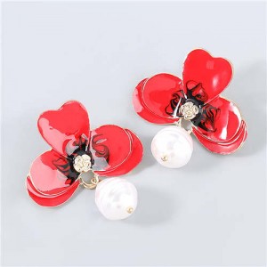 Artificial Pearl Embellished Floral Bohemian Fashion Boutique Style Women Oil-spot Glazed Earrings - Red