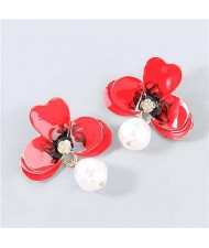 Artificial Pearl Embellished Floral Bohemian Fashion Boutique Style Women Oil-spot Glazed Earrings - Red