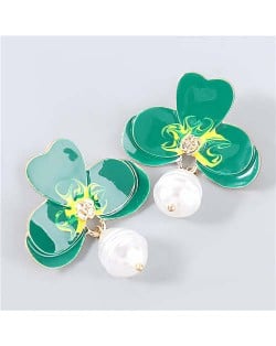 Artificial Pearl Embellished Floral Bohemian Fashion Boutique Style Women Oil-spot Glazed Earrings - Green