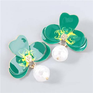 Artificial Pearl Embellished Floral Bohemian Fashion Boutique Style Women Oil-spot Glazed Earrings - Green