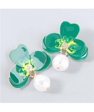Artificial Pearl Embellished Floral Bohemian Fashion Boutique Style Women Oil-spot Glazed Earrings - Green