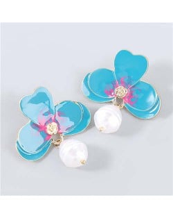 Artificial Pearl Embellished Floral Bohemian Fashion Boutique Style Women Oil-spot Glazed Earrings - Blue