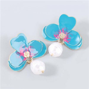 Artificial Pearl Embellished Floral Bohemian Fashion Boutique Style Women Oil-spot Glazed Earrings - Blue