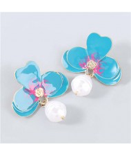Artificial Pearl Embellished Floral Bohemian Fashion Boutique Style Women Oil-spot Glazed Earrings - Blue