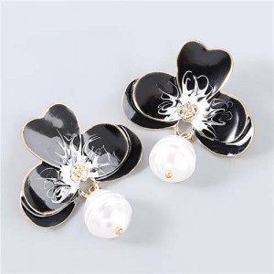Artificial Pearl Embellished Floral Bohemian Fashion Boutique Style Women Oil-spot Glazed Earrings - Black