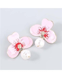 Artificial Pearl Embellished Floral Bohemian Fashion Boutique Style Women Oil-spot Glazed Earrings - Pink