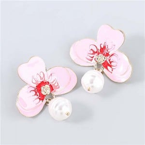 Artificial Pearl Embellished Floral Bohemian Fashion Boutique Style Women Oil-spot Glazed Earrings - Pink
