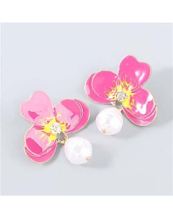 Artificial Pearl Embellished Floral Bohemian Fashion Boutique Style Women Oil-spot Glazed Earrings - Rose