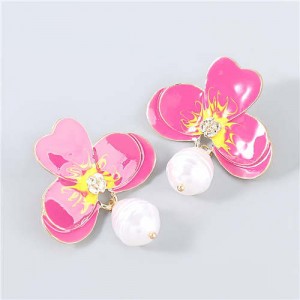 Artificial Pearl Embellished Floral Bohemian Fashion Boutique Style Women Oil-spot Glazed Earrings - Rose
