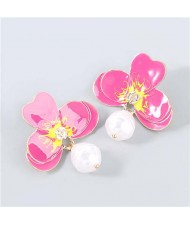 Artificial Pearl Embellished Floral Bohemian Fashion Boutique Style Women Oil-spot Glazed Earrings - Rose