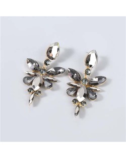 U.S. Fashion Rhinestone Geometric Floral Minimalist Design Boutique Style Women Drop Earrings - Black