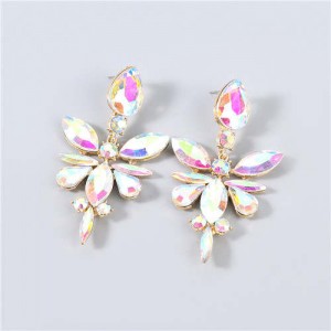 U.S. Fashion Rhinestone Geometric Floral Minimalist Design Boutique Style Women Drop Earrings - Luminous White