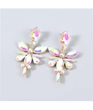 U.S. Fashion Rhinestone Geometric Floral Minimalist Design Boutique Style Women Drop Earrings - Luminous White