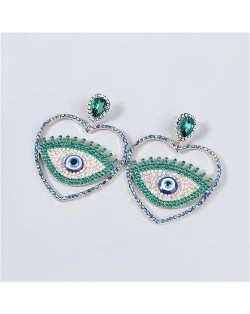 Heart Shape Hollow-out Eye Rhinestone Inlaid U.S. Fashion Women Party Costume Wholesale Earrings - Green