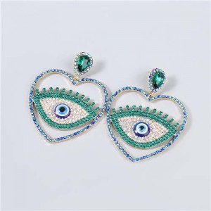 Heart Shape Hollow-out Eye Rhinestone Inlaid U.S. Fashion Women Party Costume Wholesale Earrings - Green