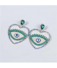 Heart Shape Hollow-out Eye Rhinestone Inlaid U.S. Fashion Women Party Costume Wholesale Earrings - Green