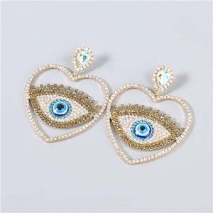 Heart Shape Hollow-out Eye Rhinestone Inlaid U.S. Fashion Women Party Costume Wholesale Earrings - Luminous White