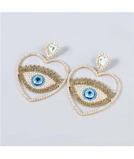 Heart Shape Hollow-out Eye Rhinestone Inlaid U.S. Fashion Women Party Costume Wholesale Earrings - Luminous White